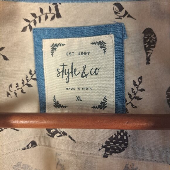 STYLE & CO Long Sleeve Button Down Cream With Black Bird Print Sz XL - Picture 3 of 12